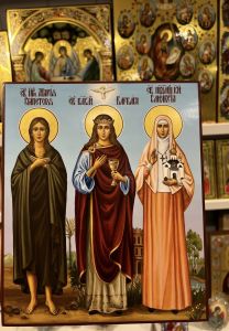 Рукописная икона избранные святые №143 (свв Варвара, Елизавета Федоровна, Мария Египетская)