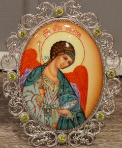 Рукописная икона из финифти Ангел Хранитель с Душой №112 (Размер 9х10.5 см)