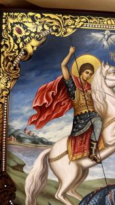 Рукописная икона Чудо Георгия о змие №71 (Размер 27х31 см)
