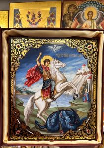 Рукописная икона Чудо Георгия о змие №71 (Размер 27х31 см)