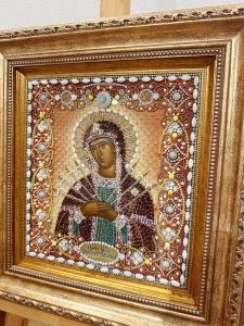 Рукописная икона Пресвятой Богородицы Семистрельная с камнями (Размер 36х38 см)
