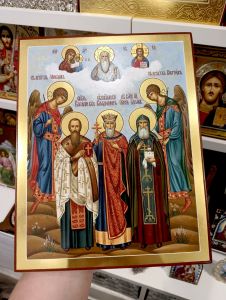 Рукописная семейная икона 3 святых с Архангелом Гавриилом и Михаилом №138
