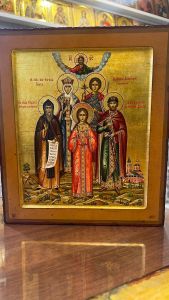 Рукописная семейная икона 5 святых со Спасом Вседержителем №139