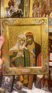 Икона Петр и Феврония с резьбой и сусальным золотом с полировкой 
