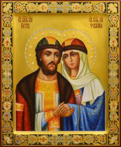 Рукописная икона Петр и Феврония с жемчугом и резьбой №10 (Размер 21х25 см)