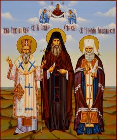 Рукописная семейная икона 123 (Николай Сербский, Силуан Афонский, Николай Алмаатинский)