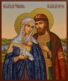 Рукописная икона Петр и Феврония с пейзажем №206 (Размер 17х21 см)