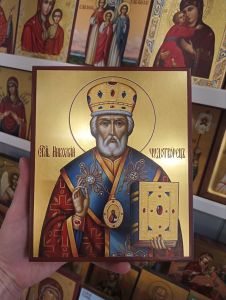 Рукописная икона Николай Чудотворец №214 (Размер 17х21 см)