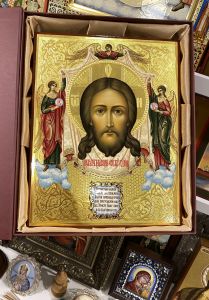 Рукописная икона Спас Нерукотворный с Ангелами 54 (Размер 22*28 см)