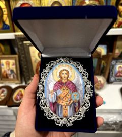 Рукописная икона из финифти Ангел Хранитель №158 (Размер 9*10.5 см)