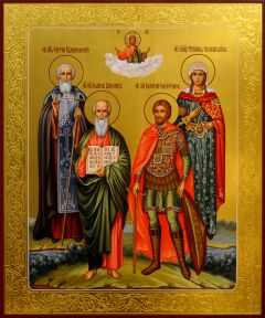 Рукописная семейная икона №164 (Свв.Сергий Рад, Иоанн Богослов, Валерий Севаст, Фотиния Самаряныня)