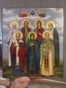 Рукописная семейная икона №155 (6 святых, Покров с Ангелами, Размер 30х40 см)