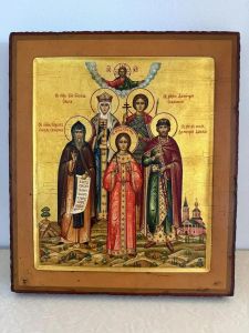 Рукописная семейная икона 5 святых со Спасом Вседержителем №139