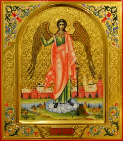 Рукописная икона Ангел Хранитель с Москвой (Размер 27*31 см)