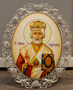 Рукописная икона из финифти Николай Чудотворец №157 (Размер 9х10 см)